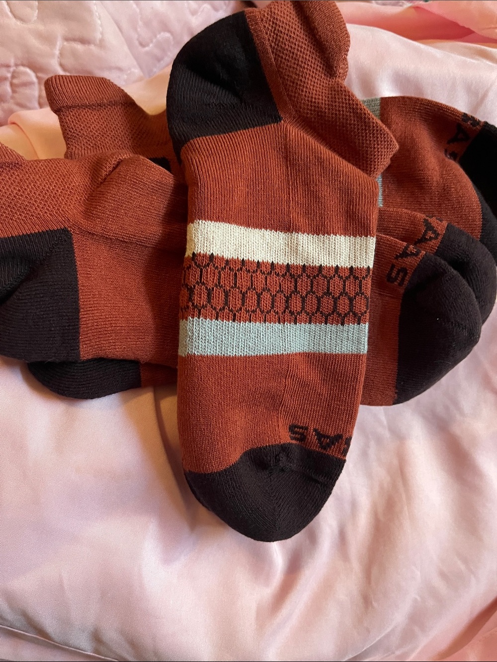 Bombas Men's Athletic Socks in Rust with Black and Cream Stripes